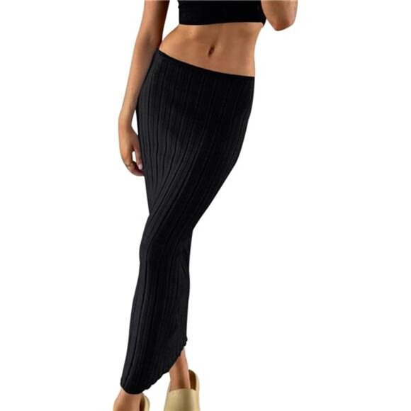 Women High Waist Knit Long Maxi Skirt Stretchy Black - Picture 1 of 6